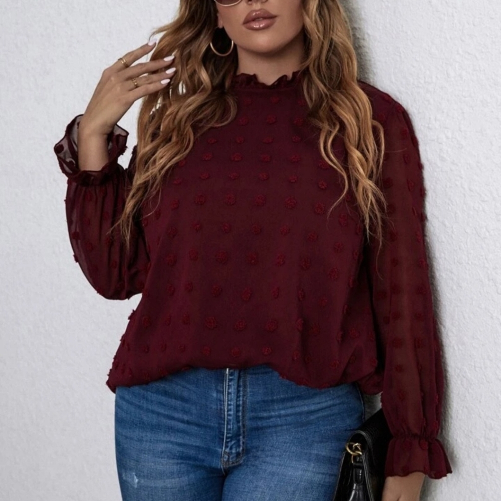 Women's Medium Swiss Dot Flounce Sleeve Chiffon Burgundy Flowy Blouse